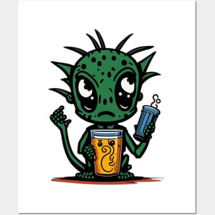 Cute Cartoonish Alien With Beer Mug Posters and Art